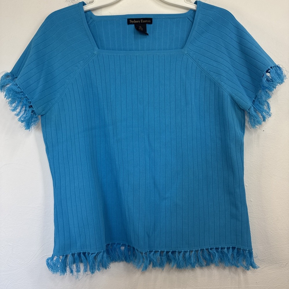 Sydney Easton Women's Size XL Teal Ribbed Tassels Short Sleeve Knit Top